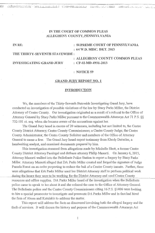 A scanned legal document titled 'Grand Jury Report No. 1' from the Thirty-Seventh Statewide Investigating Grand Jury in Allegheny County, Pennsylvania.
