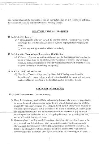 A scanned legal document page listing Pennsylvania criminal statutes and legislation regarding forgery, tampering with records, theft of services, and misconduct of district attorn