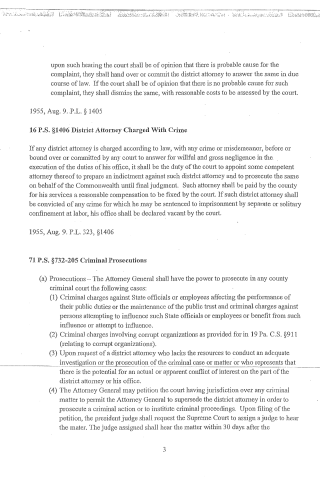 A scanned legal document page showing excerpts from Pennsylvania statutes regarding district attorneys and criminal prosecutions.