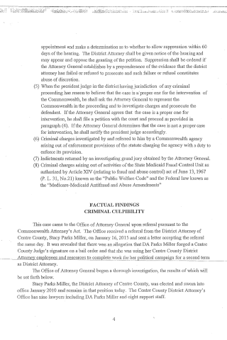 A scanned legal document page containing numbered paragraphs about criminal proceedings and factual findings regarding Stacy Parks Miller.