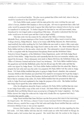 A scanned page from a legal document discussing a fake bail order plan involving DA Parks Miller and Judge Ruest.