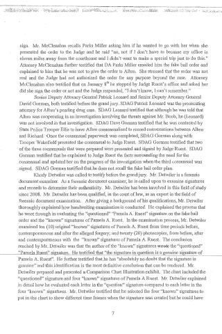 A scanned page from a legal document discussing testimony about signatures, bail orders, and forensic document examination.