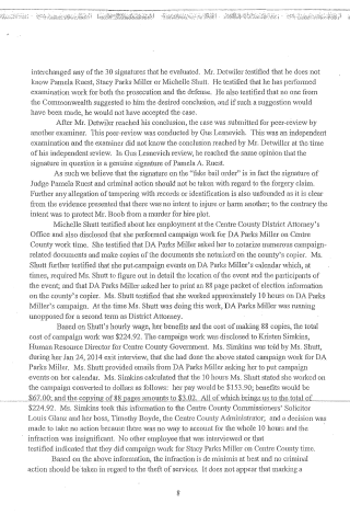 A scanned page from a legal document discussing signature evaluation, peer review by Gus Lesnevich, and testimony about campaign work for DA Parks Miller.
