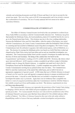 A scanned page from a legal document discussing the Commonwealth Attorneys Act, mentioning Stacy Parks Miller and Bellefonte Police.