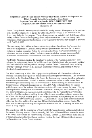 A scanned legal document titled 'Response of Centre County District Attorney Stacy Parks Miller to the Report of the Thirty-Seventh Statewide Investigating Grand Jury'.