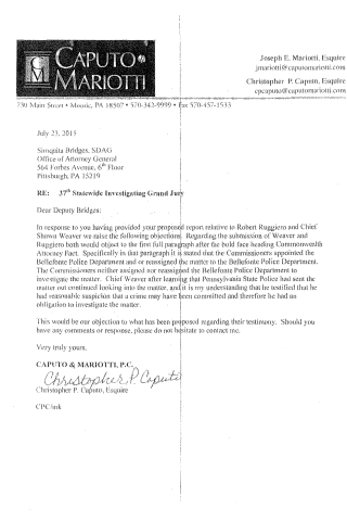 A scanned legal letter from Caputo & Mariotti, P.C., dated July 23, 2015, addressed to Simquita Bridges of the Office of Attorney General in Pittsburgh, PA, regarding objections to