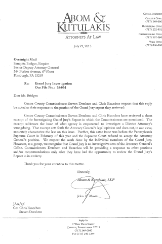 A scanned legal letter from Abom & Kutulakis LLP dated July 21, 2015, addressed to Simquita Bridges regarding a Grand Jury Investigation.