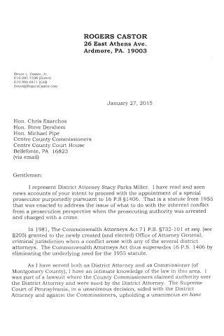 A typed letter on Rogers Castor letterhead addressed to Centre County Commissioners regarding District Attorney Stacy Parks Miller and legal statutes.
