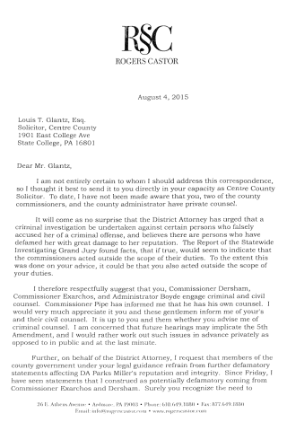 A formal letter from Rogers Castor to Louis T. Glantz dated August 4, 2015, discussing legal counsel and defamation concerns.