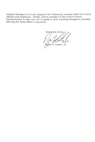 A typed letter ending with a signature block for Bruce L. Castor, Jr., requesting caution from county officials regarding remarks about DA Parks Miller.