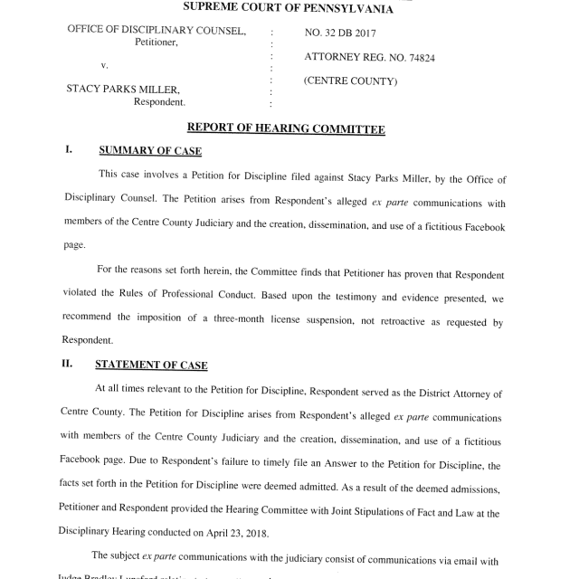 A scanned legal document titled 'Report of Hearing Committee' from the Supreme Court of Pennsylvania regarding Stacy Parks Miller.
