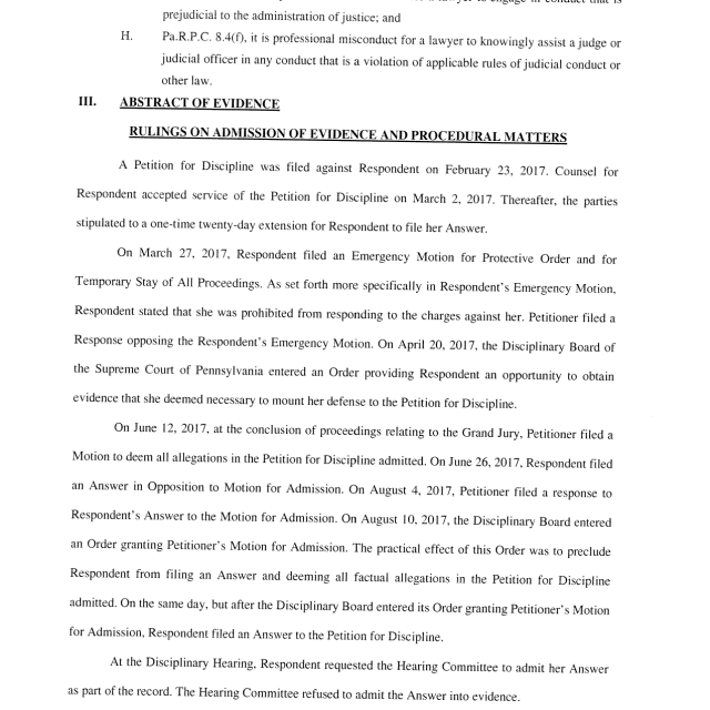 A scanned legal document page showing text about professional misconduct rules and abstract of evidence in a Pennsylvania Supreme Court disciplinary case.