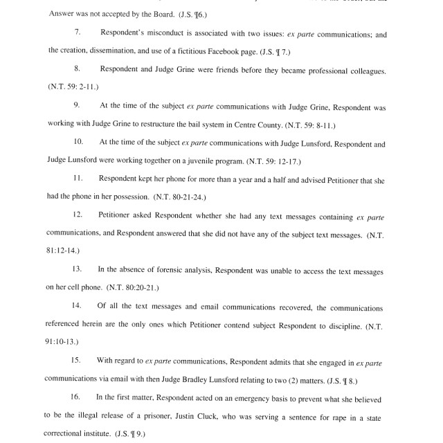 A scanned legal document page with numbered paragraphs discussing judicial misconduct, ex parte communications, and text message evidence.