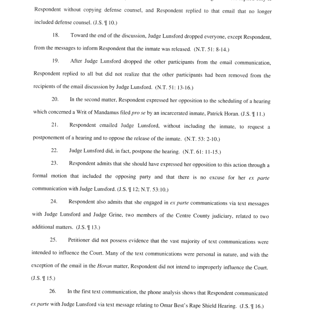 A scanned legal document page with numbered paragraphs discussing email communications, ex parte contacts, and court hearings.