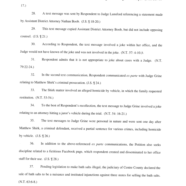 A scanned legal document page showing numbered paragraphs discussing text messages to judges, criminal cases, and a Facebook page.