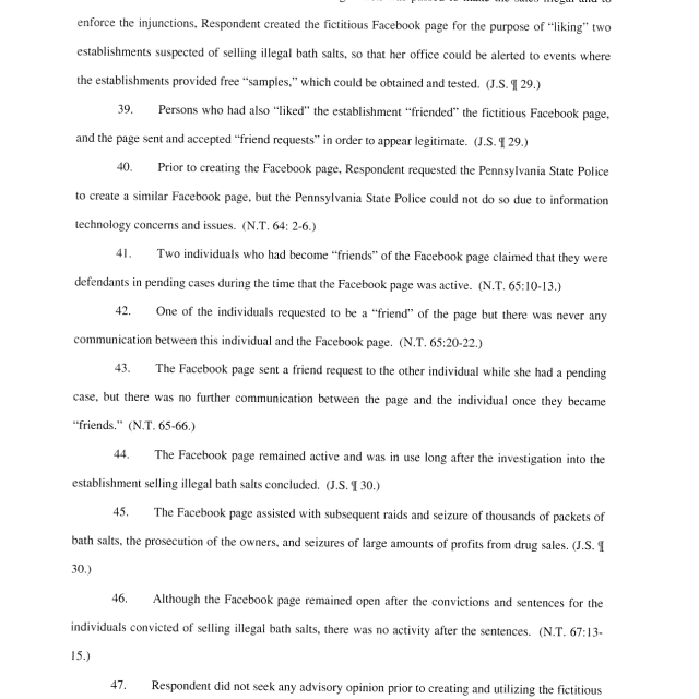 A page from a legal document containing numbered paragraphs discussing the use of a fictitious Facebook page for law enforcement purposes.