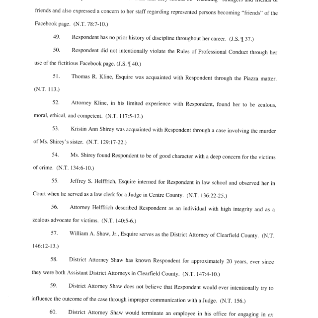 A scanned page from a legal document showing numbered paragraphs discussing professional conduct, character references, and employment history.