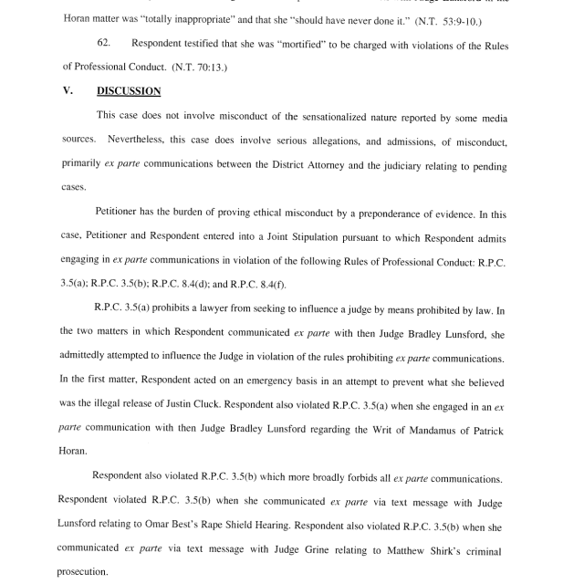 A scanned page from a legal document discussing ex parte communications and Rules of Professional Conduct.