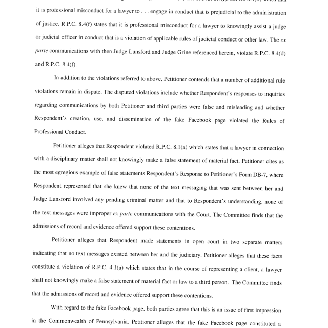 A scanned page from a legal document discussing professional misconduct violations by a lawyer, citing R.P.C. rules regarding ex parte communications and false statements.