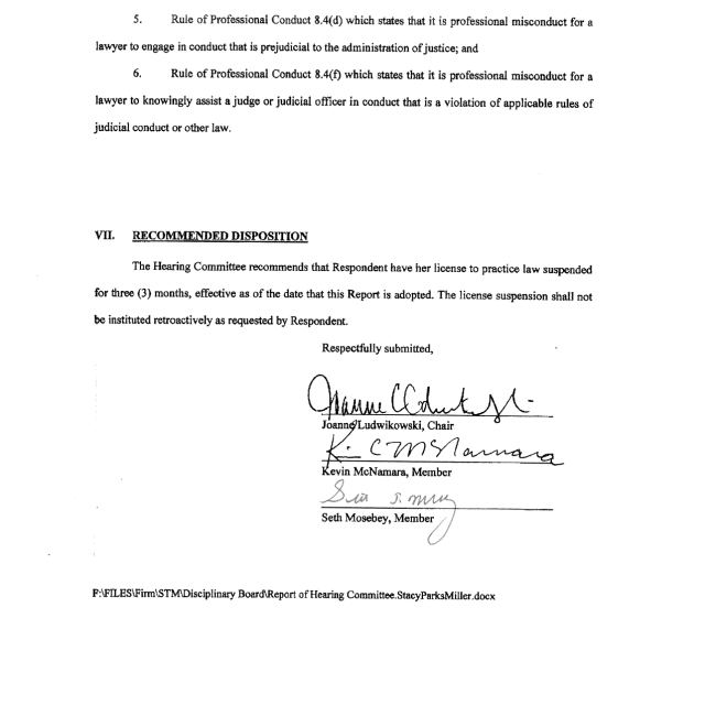 A scanned legal document page showing recommended disposition of a license suspension, signatures of committee members, and file path at bottom.