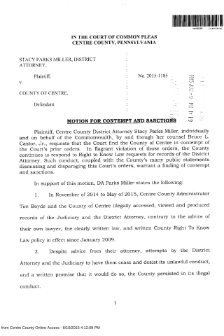 A scanned legal document titled Motion for Contempt and Sanctions from the Court of Common Pleas Centre County, Pennsylvania.