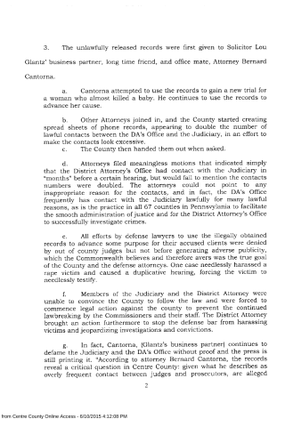 A scanned page from a legal document discussing unlawfully released records, attorneys, and judicial contacts in Pennsylvania.