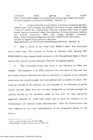 A scanned legal document page with numbered paragraphs discussing court rulings on public records requests and judicial transparency.