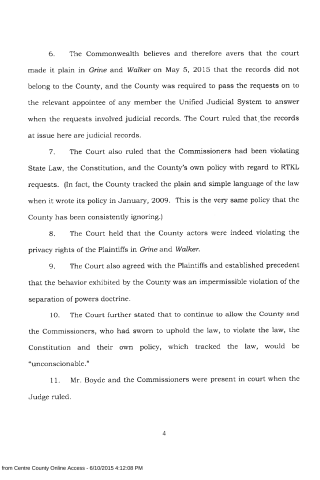 A scanned legal document page numbered 4, containing paragraphs 6 through 11 discussing court rulings on records and policy violations.