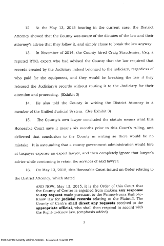 A scanned legal document page with numbered paragraphs discussing a court order regarding the County of Centre and Right-to-Know law.