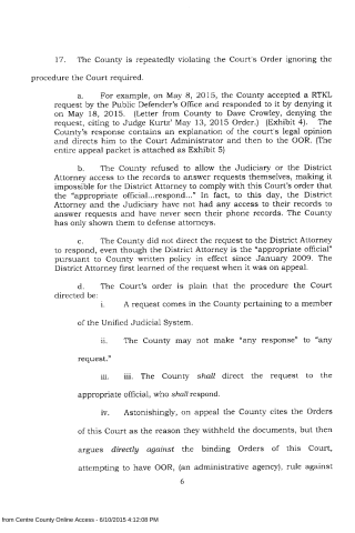A scanned legal document page with numbered paragraphs discussing court orders, county procedures, and public defender requests.