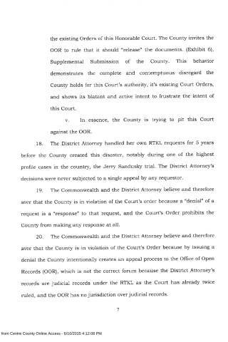 A scanned legal document page with numbered paragraphs discussing court orders, the Office of Open Records (OOR), and RTKL requests.