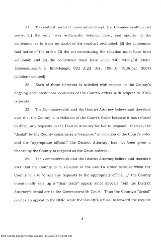 A scanned legal document page with numbered paragraphs discussing criminal contempt, court orders, and county violations.