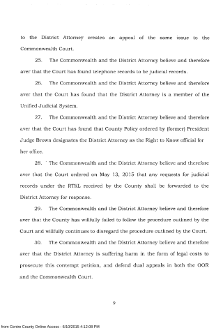 A scanned legal document page with numbered paragraphs discussing judicial records, the District Attorney, and court procedures.