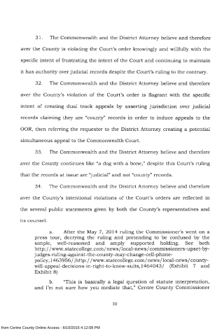 A scanned legal document page numbered 10 containing paragraphs 31–34 and subsections a and b discussing court rulings, county violations, and public statements.