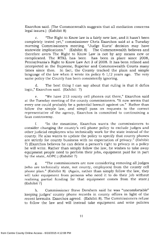A scanned page from a legal document discussing county cell phone policies, Right to Know law, and commissioner Exarchos's comments.