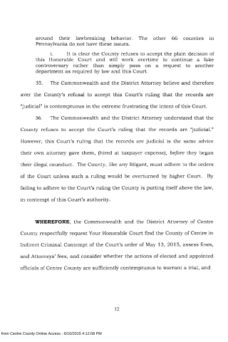 A scanned legal document page with numbered paragraphs discussing court rulings and contempt of court, ending with a 'WHEREFORE' section requesting findings.