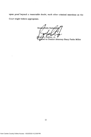 Document page showing legal text about criminal sanctions, a signature block with Bruce L. Castor Jr., and footer indicating Centre County Online Access.