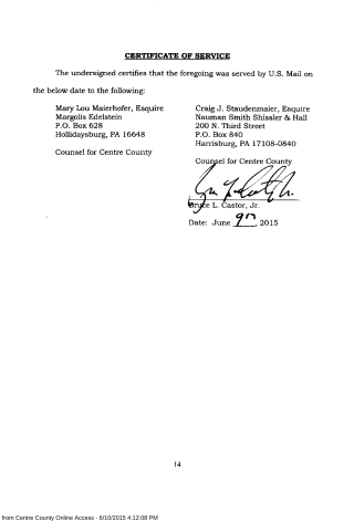 A scanned legal document titled 'CERTIFICATE OF SERVICE' showing two attorneys' addresses and a signature dated June 9, 2015.
