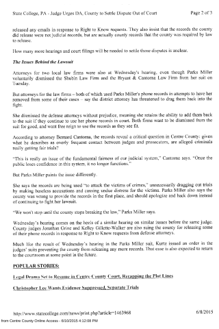 A printed page from a news article discussing legal disputes over county records and phone data in Centre County, PA.