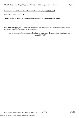 A printed page from StateCollege.com showing headlines about local news, including a judge urging settlement and Penn State football updates.