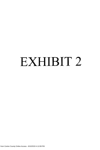 A white document page with the text 'EXHIBIT 2' centered in large black serif font and a footer note about printing from Centre County Online Access.