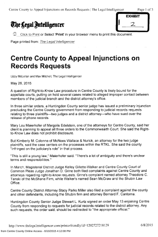 A printed legal article from The Legal Intelligencer about Centre County appealing injunctions on records requests, dated May 26, 2015.