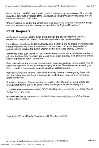 A printed legal article page discussing RTKL requests, Centre County records, and legal proceedings involving Grine, Walker, Parks Miller, and Judge Bradley Lunsford.