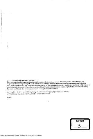 A scanned document showing a U-Mail Confidentiality Notice and partial text from a message dated Nov 4, 2014, with an EXHIBIT 3 stamp in the corner.