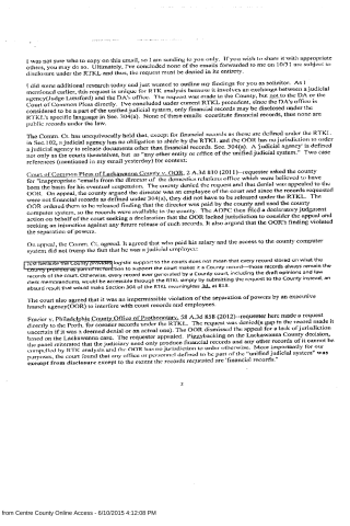 A scanned legal document page discussing public records disclosure, RTKL analysis, and court cases regarding judicial agency records.