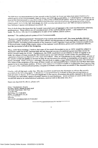 A scanned legal document discussing Right-to-Know Law jurisdiction in Pennsylvania, mentioning OOR, judicial agencies, and court personnel.