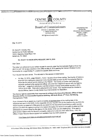 A scanned letter from the Centre County Board of Commissioners denying a Right to Know request for Verizon Wireless invoices.