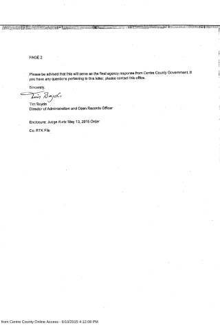A scanned page from a Centre County Government letter dated May 13, 2015, signed by Tim Boyde, Director of Administration and Open Records Officer.