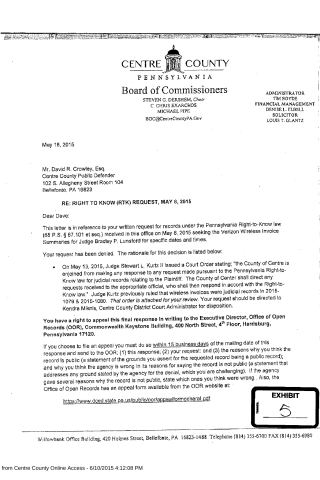 A scanned official letter from Centre County Board of Commissioners denying a Right-to-Know request for Verizon Wireless invoices.
