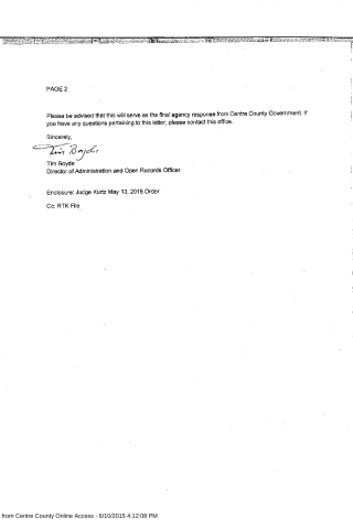 A scanned page from a Centre County Government letter signed by Tim Boyde, Director of Administration and Open Records Officer, dated May 13, 2015.